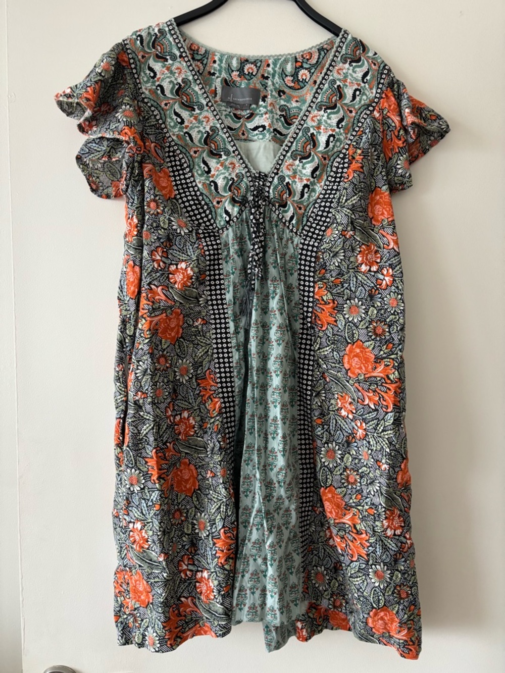 Anthropologie Mixed Print Floral Boho Mini Dress Flutter Sleeve